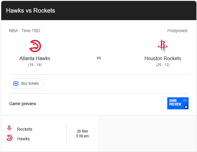 NBA Postpones Rockets vs. Hawks Game Due To Winter Storm